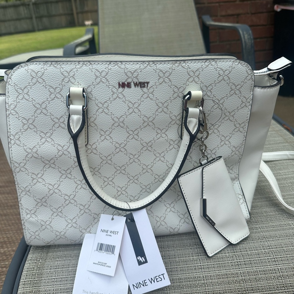 Nine West Off White or Cream Logo-Print Satchel with Removable Card Case